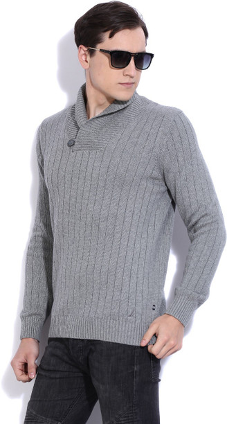Nautica Self Design Cowl Neck Casual Men Grey Sweater